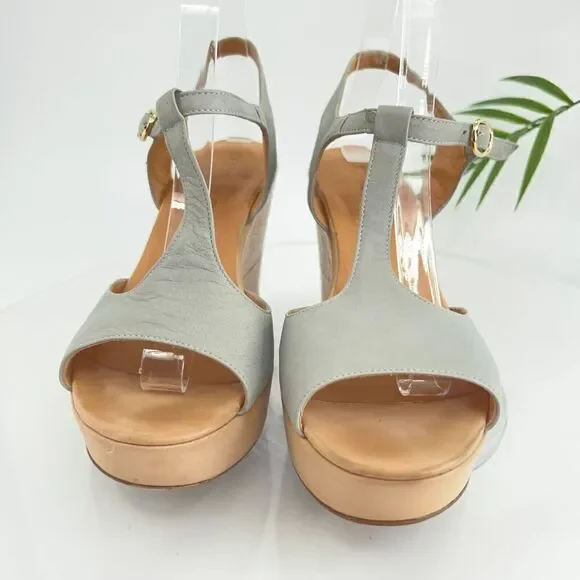 Pomme D'or Sandals Women's Size 39 8 Blue Gray Leather T-Strap Platform Wedge - Picture 5 of 16